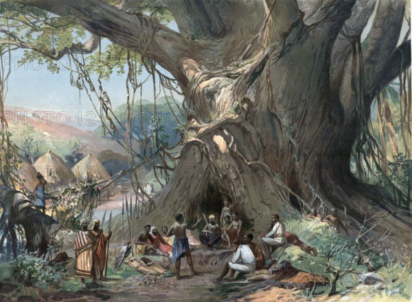 Negotiation under a baobab tree in Togo in 1905, Africa, authentic reproduction of a school mural, historical, exact date unknown