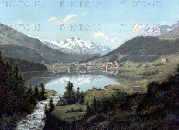 St. Moritz in Switzerland around 1890, authentic reproduction of a school mural, historical, exact date unknown