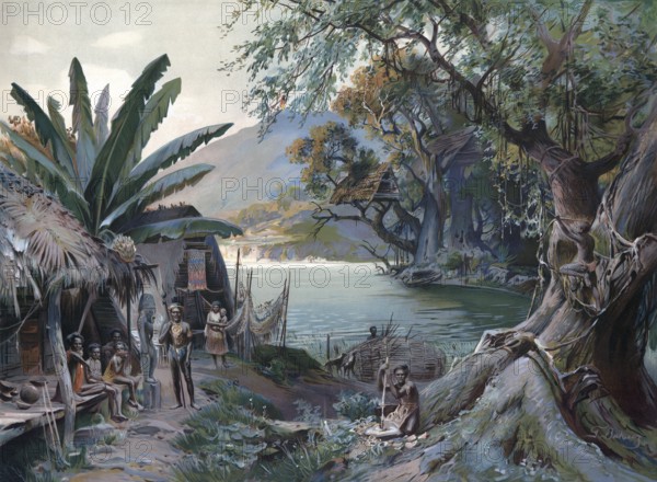 Natives in New Guinea around 1905, bay and village, authentic reproduction of a school mural, historical, exact date unknown