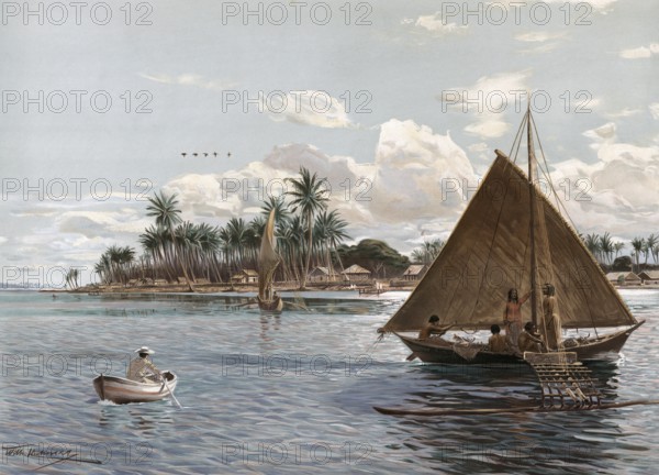 Coast with sailboats and locals, Marshall Islands, island state in the middle of Oceania, around 1905, authentic reproduction of a school mural, historical, exact date unknown