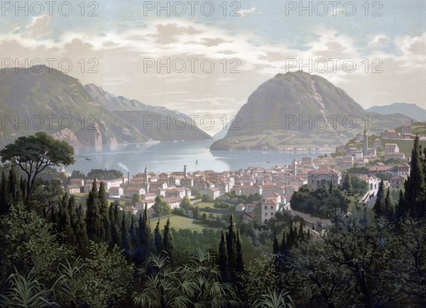 View of the city of Lugano and Lake Lugano, 1890, Switzerland, authentic reproduction of a school mural, historical, exact date unknown