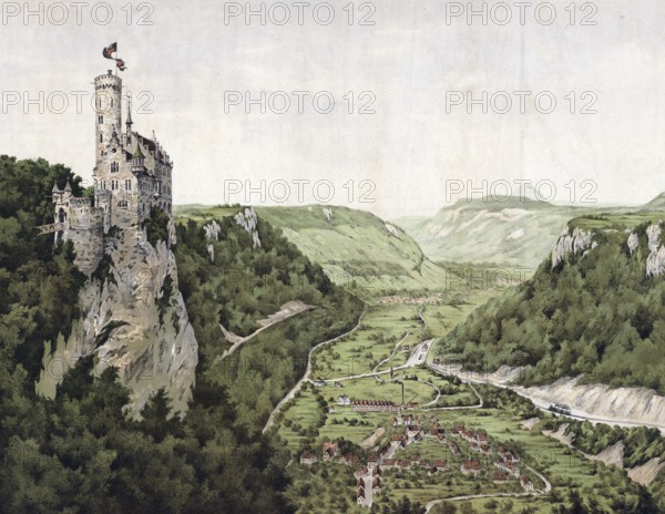 Lichtenstein Castle on a cliff on the Alb of the Swabian Jura, 1905, Baden-Württemberg, Germany, authentic reproduction of a school wall painting, historical, exact date unknown