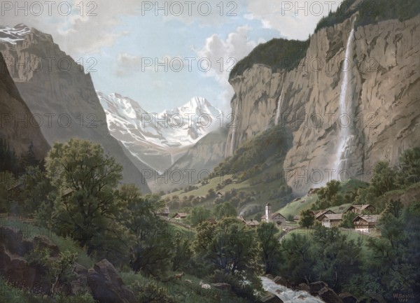 Lauterbrunnen with the 300 m high Staubbach Falls, 1890, Switzerland, authentic reproduction of a school mural, historical, exact date unknown