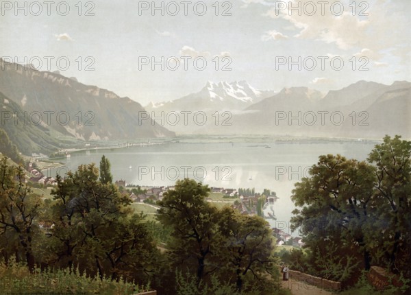 Lake Geneva in 1890, Switzerland, authentic reproduction of a school mural, historical, exact date unknown