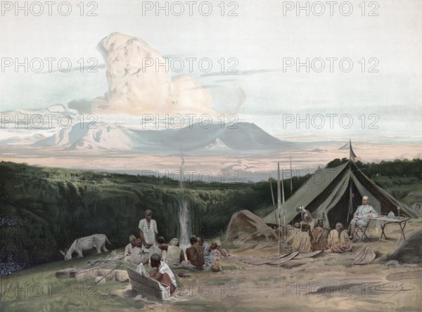 Research camp with natives, German East Africa, today Tanzania, 1905, authentic reproduction of a school mural, historical, exact date unknown