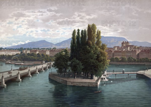 Geneva on Lake Geneva, 1891, Switzerland, authentic reproduction of a school mural, historical, exact date unknown