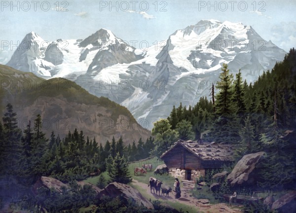 Eiger, Mönch and Jungfrau, Alps, 1891, Bernese Alps, Switzerland, authentic reproduction of a school mural, historical, exact date unknown