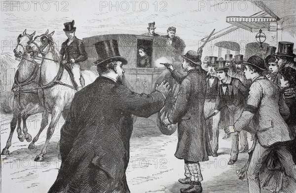The assassination attempt on Queen Victoria by Roderick Maclean took place on March 2, 1882 in Windsor, the Scotsman fired a revolver shot at her carriage but missed the queen, was overwhelmed and arrested by passers-by, excited people gather around a carriage, historic, authentic, digitally restored reproduction of a 19th-century original, record date not stated