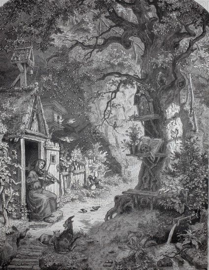 Hermit in a hut in the forest, playing the violin, in the surrounding area many devotional objects and some wild animals, 1880, A man sitting in front of his mystical house in the forest, surrounded by animals, historical, authentic, digitally restored reproduction from a 19th-century model, record date not stated