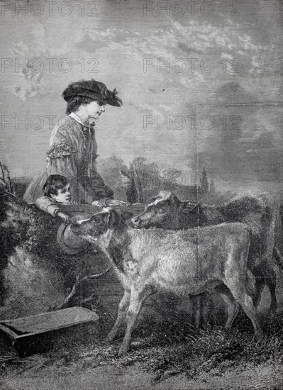 In the pasture, woman with her child walking in the countryside have passed by a pasture, curious calves sniff at her, woman with hat and child standing among young animals in the countryside, historical, authentic, digitally restored reproduction from a 19th century original, record date not stated