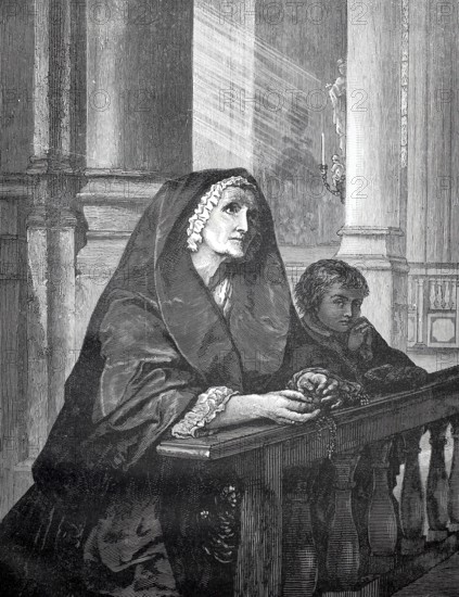In prayer, mother and son are in church praying a rosary, 1880, Germany, older and younger person praying in a church, rays of light falling on them, historical, authentic, digitally restored reproduction from a 19th-century model, record date not stated