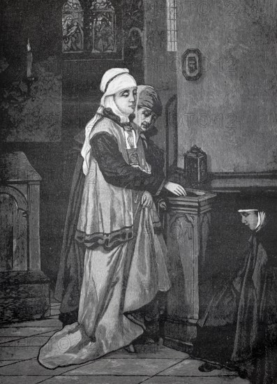 At the sacrificial stock, young couple makes a donation to the collection in the church, a praying nun observes the scene, 1880, Germany, Two woman in medieval clothing stand in a church next to a confessional, historical, authentic, digitally restored reproduction from a 19th-century original, record date not stated