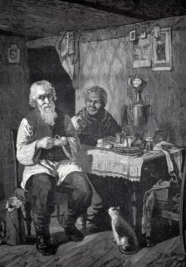 A farming family in their room, man and woman sitting at a table, 1880, Russia, Elderly couple in traditional clothing sitting in a rustic wooden room with a cat, historical, authentic, digitally restored reproduction from a 19th-century model, Record date not stated