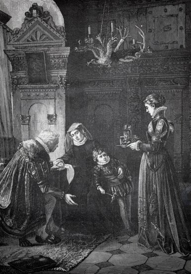 Condolence visit, distinguished man visits the widow in mourning, another woman serves him a drink, noble couple and a child in a magnificent Renaissance setting by candlelight, historical, authentic, digitally restored reproduction from a 19th-century original, record date not stated