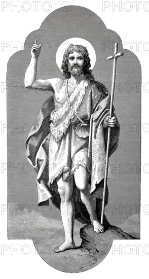 John the Baptist was a Jewish penitential preacher of the 1st century who is venerated in Christianity as the decisive pioneer of Jesus Christ, person with halo and staff in religious representation, historical, authentic, digitally restored reproduction from a 19th-century model, record date not stated