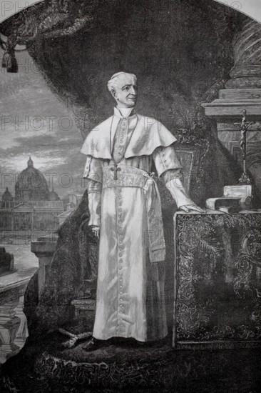 Pope Leo XIII (1810-1903), one of the most influential figures in modern church history, A priest stands with dignity in a church in front of an altar decorated with symbols, Historical, authentic, digitally restored reproduction from a 19th century original, Record date not stated