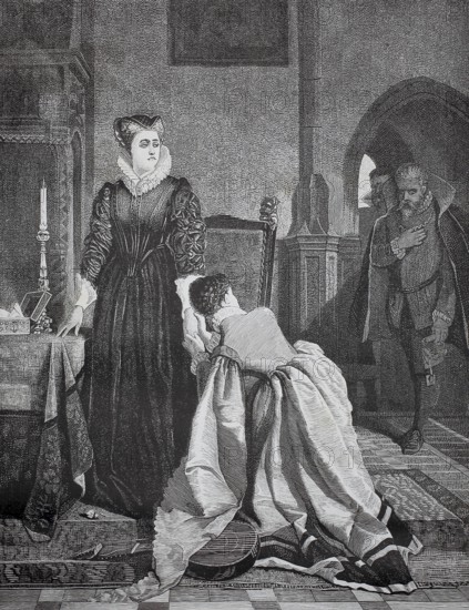 Mary Stuart was sentenced to death for high treason, more precisely because of her involvement in plots to murder her cousin Queen Elizabeth I and to take over the English throne, and here she learns her verdict, 1587, England, woman in black dress mourns, man looks at the scene from afar, historical, authentic, digitally restored reproduction of a model from the 19th century, record date not stated