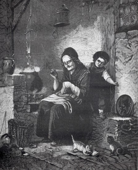Old woman doing sewing work, sitting at the stove while a girl plays on the cats with balls of wool, an old woman sews in a rustic hut while cats are around her. A child observes curious, historical, authentic, digitally restored reproduction of a 19th-century original, Record date not stated