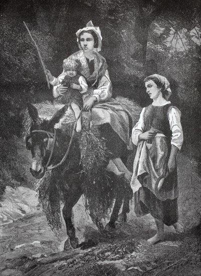 Home from working in the fields, two woman and a child come back from the field with the donkey, a mother and child ride on a donkey. Another woman accompanies her on the rural path, historic, authentic, digitally restored reproduction from a 19th-century model, Record date not stated