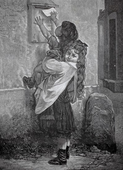 At the mailbox, girl picks up her little sister so she can drop in a letter, 1880, France, An older girl picks up a younger girl to put a letter in the tall box, historical, authentic, digitally restored reproduction from a 19th-century original, record date not stated