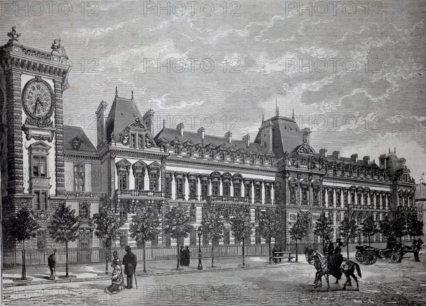 The Ministry of War in Paris, around 1880, France, A massive historic building with tower and clock, surrounded by passers-by and horse-drawn carriages, historic, authentic, digitally restored reproduction from a 19th-century model, Record date not stated