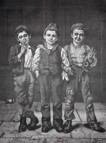 Playmates, three boys stand next to each other in an adventurous way, three boys stand close together, laugh and show a playfully carefree manner, historical, authentic, digitally restored reproduction of a 19th-century original, record date not stated