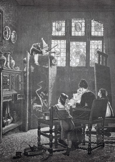 Puppet theatre, puppet theatre, children watch a puppet show, a family is sitting eating and a costumed man looks in through the door, which triggers surprise, historical, authentic, digitally restored reproduction of a 19th-century model, record date not stated
