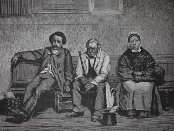 People in the fourth-grade waiting room at the train station, three people sitting waiting on a bench. Their faces are exhausted, the situation appears melancholy, historic, authentic, digitally restored reproduction of a model from the 19th century, record date not stated