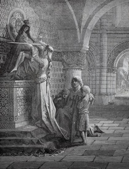 The crusader says farewell to the family in church, around 1100, France, A scene in a royal palace depicts a royal figure as knights kneel in awe, historical, authentic, digitally restored reproduction from a 19th-century original, record date not stated