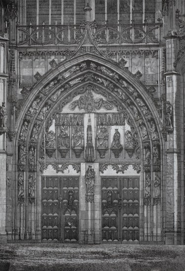 Main portal, St. John's Cathedral, Saint Janskathedraal, important Roman Catholic Gothic cathedral in 's-Hertogenbosch and considered the highlight of Brabant Gothic in the Netherlands, 1880, Holland, highly detailed Gothic church portal with impressive reliefs, historic, authentic, digitally restored reproduction of a model from the 19th century, record date not stated