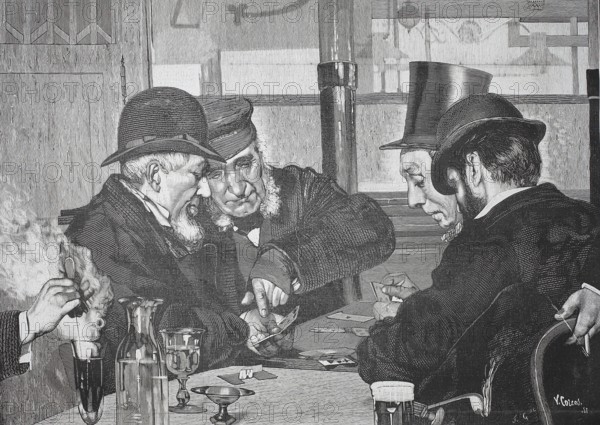 Four men playing cards in a tavern, 1880, Germany, men playing cards concentrated in a cozy room, historic, authentic, digitally restored reproduction of a model from the 19th century, record date not stated