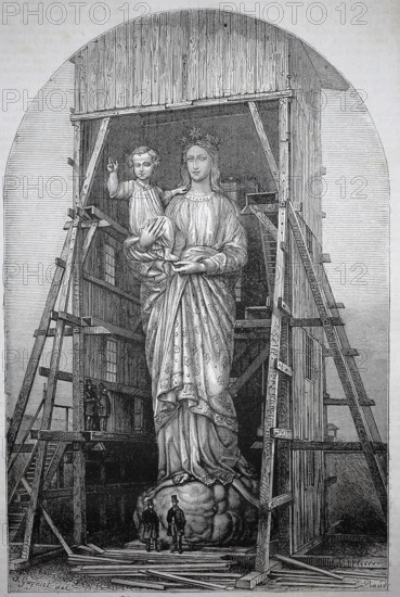 Construction site for the monumental Notre-Dame de France statue on the Rocher Corneille in Le Puy-en-Velay, France. It was cast from metal from cannons captured during the Crimean War, 1858, France, large Madonna sculpture with child built in a wooden structure, historical, authentic, digitally restored reproduction from a 19th century model, record date not stated