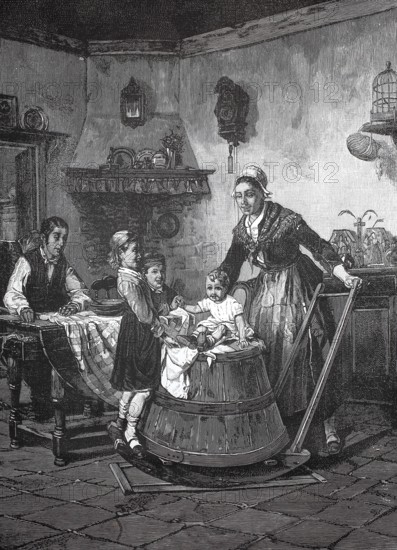 Family with three children in a farmhouse room, the children playing with a seesaw, 1880, Germany, family doing daily chores in a rustic interior, historic, authentic, digitally restored reproduction from a 19th century model, record date not stated