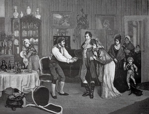 Unexpected visit by the family of the parents-in-law who suddenly stands in the room, 1880, Germany, joyful greeting scene at the return home of a family member, historical, authentic, digitally restored reproduction from a 19th-century model, record date not stated