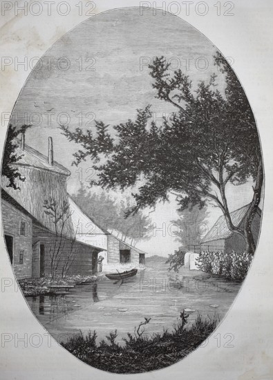 Landscape from the Gouda area, 1880, Holland, Netherlands, idyllic river landscape with buildings and trees, historic, authentic, digitally restored reproduction from a 19th century model, record date not stated