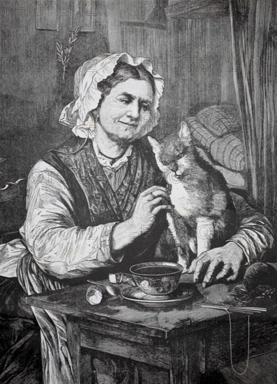 Elderly woman with her cat in the kitchen, at the kitchen table, 1880, Germany, elderly woman stroking a cat, relaxed atmosphere in the interior, historic, authentic, digitally restored reproduction from a 19th-century model, record date not stated