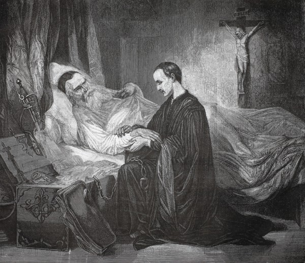 Christopher Columbus on his deathbed, he died on May 20, 1506 in Valladolid, Spain, as a sick, forgotten man who thought he had ended up in India until the very last, monk on the deathbed of an elderly man, religious atmosphere, historical, authentic, digitally restored reproduction from a 19th-century original, record date not stated