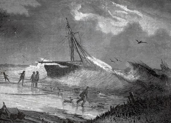 Stranded ship on the North Sea coast in Brittany, 1880, France, A shipwrecked ship on the beach under threatening waves, historic, authentic, digitally restored reproduction from a 19th-century original, record date not stated