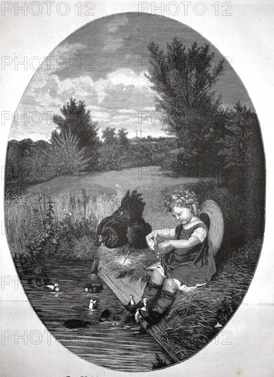 Girl sitting by the pond and feeding young ducks, 1880, Germany, angelic child sitting peacefully in the garden with animals and rural environment, historical, authentic, digitally restored reproduction from a 19th-century model, Record date not stated