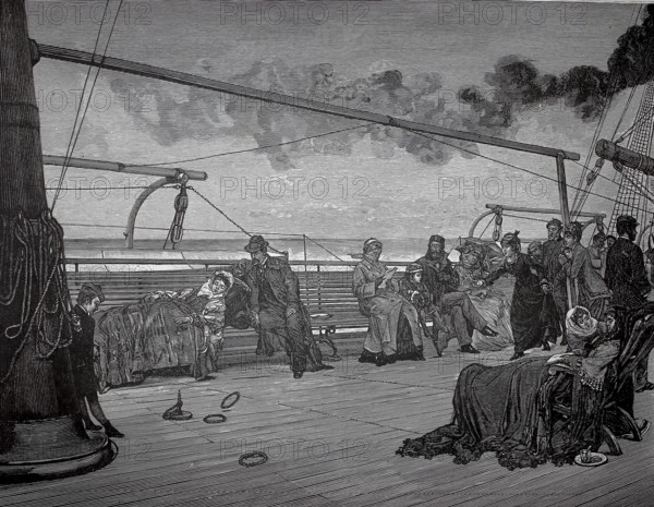 On the high seas, summer visitors on a boat trip to sea, 1880, North Sea, Holland, people on the deck of a ship in the evening mood with smoke on the horizon, historic, authentic, digitally restored reproduction of a 19th-century original, record date not stated