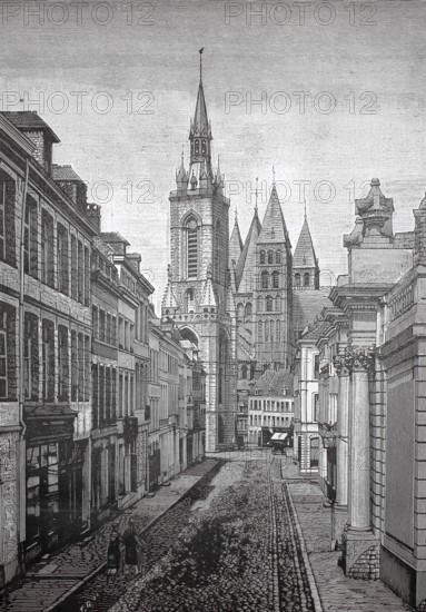Tournai, also known as Dornick, is a city in Belgium, which is over 2000 years old, near the French border. Here is St. Martinstraße, cathedral and belfry around 1880, city street with impressive Gothic church and old buildings, historic, authentic, digitally restored reproduction from a model from the 19th century, record date not stated