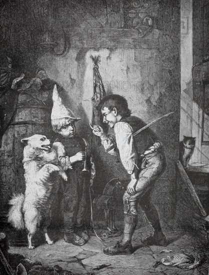 Two boys try to teach the domestic dog tricks, dressage, 1880, Germany, children playing with dog in imaginative disguise, historical, authentic, digitally restored reproduction from a model from the 19th century, record date not stated