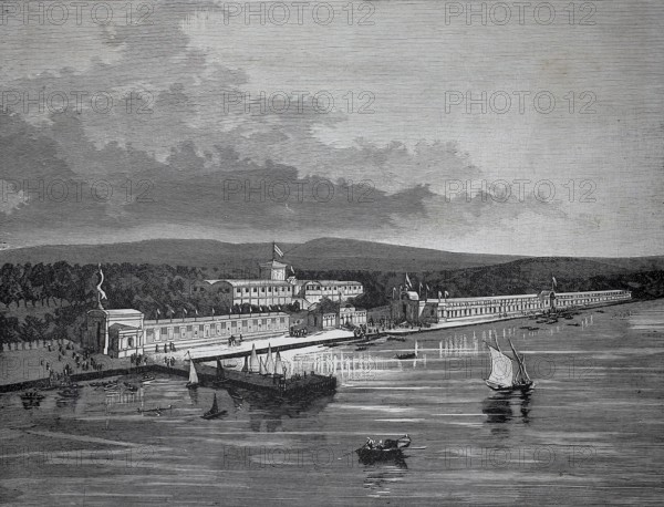 The exhibition building in Trieste, around 1881, Italy, harbor view with boats and historic buildings on the coast, historic, authentic, digitally restored reproduction from a model from the 19th century, record date not stated