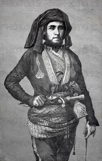 An armed courier with pistol and knife from the 18th century, France, self-confident man in traditional oriental clothing with dagger, historic, authentic, digitally restored reproduction from a 19th-century original, record date not stated
