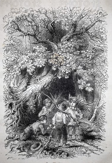 Children collect branches in the forest as firewood for home, 1880, Three children playing in nature under a large tree, historical, authentic, digitally restored reproduction of a model from the 19th century, Record date not stated
