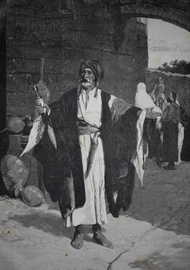 Jewish clothing dealer in the streets of Jerusalem, around 1850, man in oriental clothing with jug and doves at an oriental market, historic, authentic, digitally restored reproduction from a 19th-century model, record date not stated