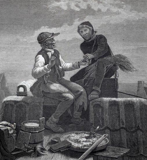 Chimney sweep and mason meeting and talking on a roof, snuff, craftsman offering another man a pinch from the tobacco box, around 1880, two people in historic style, engaged in conversation, in a rural setting, historic, authentic, digitally restored reproduction from a 19th-century original, record date not stated