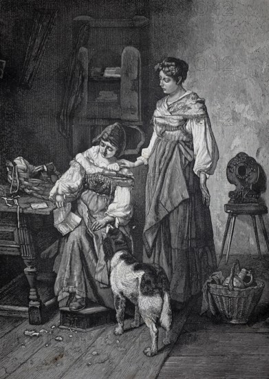 Sad news, woman has received a letter with sad news, girlfriend tries to comfort her, around 1870, two woman with dogs in the home environment, one working on a spinning wheel, historical, authentic, digitally restored reproduction of a 19th-century original, record date not stated