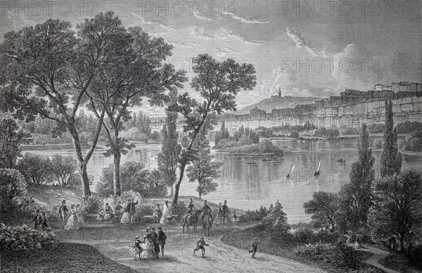 View of Lyon, around 1880, France, urban river landscape with walkers, sailboats and trees in the foreground, historic, authentic, digitally restored reproduction from a 19th-century model, record date not stated