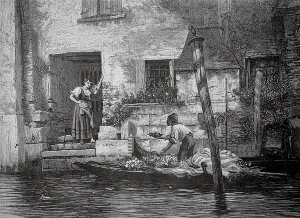A fruit merchant in Venice has docked at a front door with his boat and offers his goods, 1880, Italy, scene on a waterway with houses, trading from a boat, historical, authentic, digitally restored reproduction of a 19th-century original, record date not stated